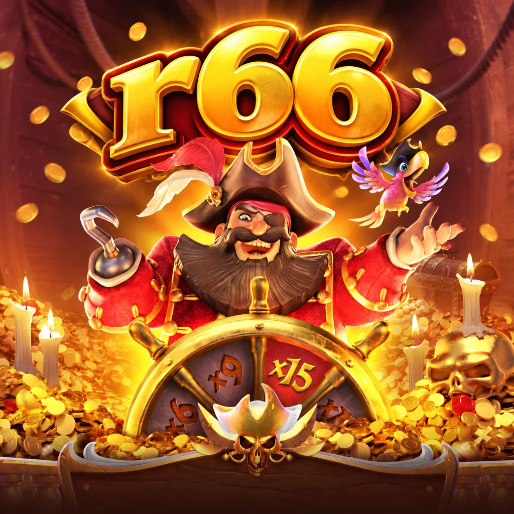Ilustrasi kapten bajak laut dari game Captains Bounty berpadu dengan logo r66