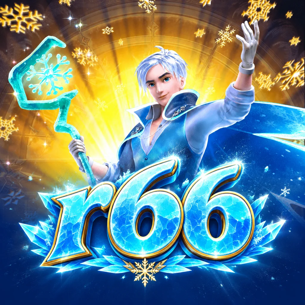 Karakter Jack Frost dengan tongkat es di bawah logo r66 bernuansa salju biru